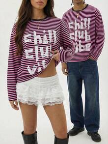 AXEPEAK Camiseta de manga larga de cuello redondo con estilo casual de calle y corte holgado a rayas, para hombres en primavera/otoño - Rosa - Ver 7