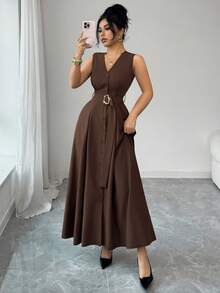 Elenzga Áo khoác cardigan dệt kim không tay cổ chữ V mới dành cho nữ, điểm nhấn là vòng kim loại, kiểu dáng thanh lịch, thích hợp mặc lâu dài. - màu nâu - Xem 6
