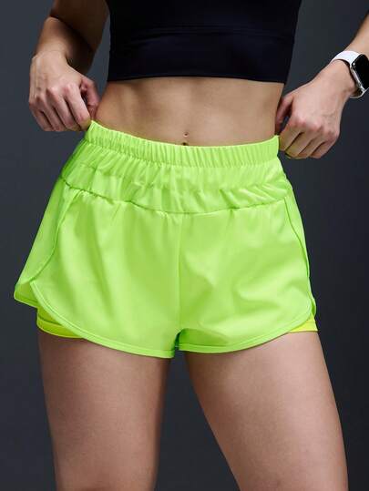 Powerista 女士荧光绿弹力腰宽松二合一运动短裤