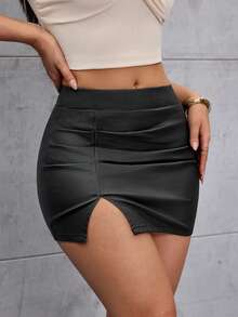 Flirla Women's Elastic Fitted Elegant Black Coated Pencil Skirt - Black - View 11