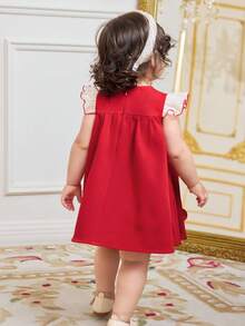 Đầm bé gái dáng chữ A tay ngắn phối màu organza, kiểu dáng thanh lịch, họa tiết hoa 3D, họa tiết tương phản, màu đỏ. - Đỏ - Xem 2