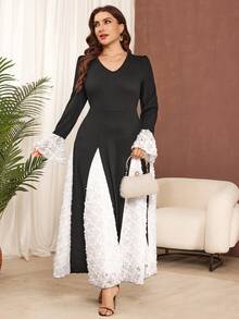 Modelyn Elegant Floral Patchwork Solid Color Knit Fabric Long Sleeve A-Line Plus Size Dress, Suitable For Daily Wear And Gatherings In Spring And Autumn - Black and White - View 5