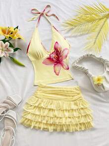 Soleia Women's Casual Floral Print Halter Neck Top And Ruffle Hem Skirt 2 Piece Set, Summer - Light Yellow - View 1