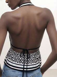 CAJUNI Top halter con cuello en V sexy con estampado geométrico para vacaciones