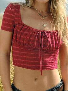 WESTFADE 圆领系带短袖修身针织镂空上衣，适合冬季、春季、度假、休闲、纳什维尔、牛仔、西部风格等各种场合，适合女性度假穿着。 - 紅色 - 查看 6