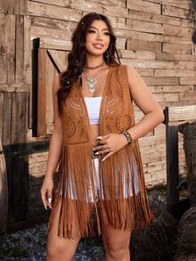 Ceyna Brown Fringed Patchwork Hollow Out Sleeveless Suede Vest, Slimming Summer Jacket, Plus Size, Versatile Brown Vest Jacket - Brown - View 4