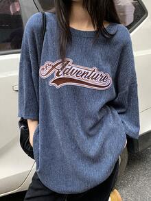 DAZY 女士圆领字母刺绣休闲宽松通勤长袖T恤图案T恤 - 藍色 - 查看 10