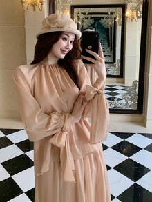 DAZY Spring & Summer Chiffon Blouse & Flared Skirt 2-Piece Set, Elegant Tie-Up Design, Suitable For Casual, Vacation, Beach, Wedding, Valentine's Day - Champagne - View 8