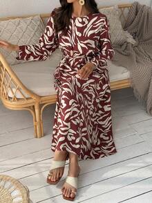 Vivie Lora Women's Round Neck Patterned Loose Mid-Length Dress - Brown - View 7