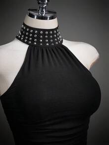 SHEIN ICON Summer Women's Hippie Black Goth Going Out Coachella Concert Club Rivet Design Side Drawstring Fitted Halter Neck Tank Top - Black - View 15