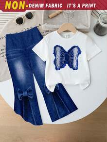 Elladie kids 2件套女童仿牛仔蝴蝶结装饰白色T恤和喇叭裤套装，可爱活泼，适合休闲穿着、外出游玩，四季皆宜。 - 彩色 - 查看 7
