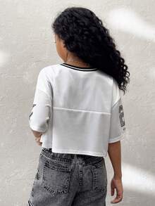 Coolane Kids Tween Girls Summer/Spring, Streetwear Sparkly Breathable Mesh Number Pattern White V-Neck Short Jersey Tees,Back To School ,Y2K,Jersey T-Shirt - White - View 5