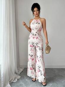 SHEIN Elenzya 女士流行玫瑰印花露背扭结褶皱连体裤，优雅时尚休闲连体裤，适合日常和户外穿着，夏季 - 彩色 - 查看 3