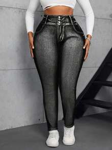 SHEIN SXY Plus Size Casual Washed Slant Pocket High Waist Skinny Jeans - Black - View 5