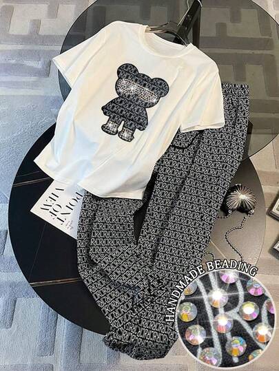 Resyla Random Print Applique Rhinestone Decor Casual Round Neck Short Sleeve T-Shirt + Pants Set, Gift For Friends