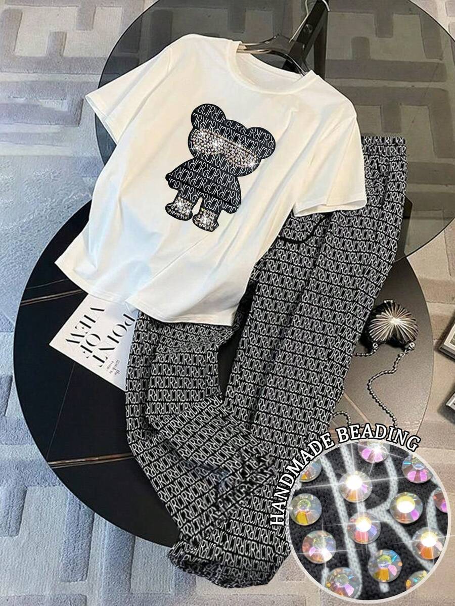 Resyla Random Print Applique Rhinestone Decor Casual Round Neck Short Sleeve T-Shirt + Pants Set, Gift For Friends - White - View 1