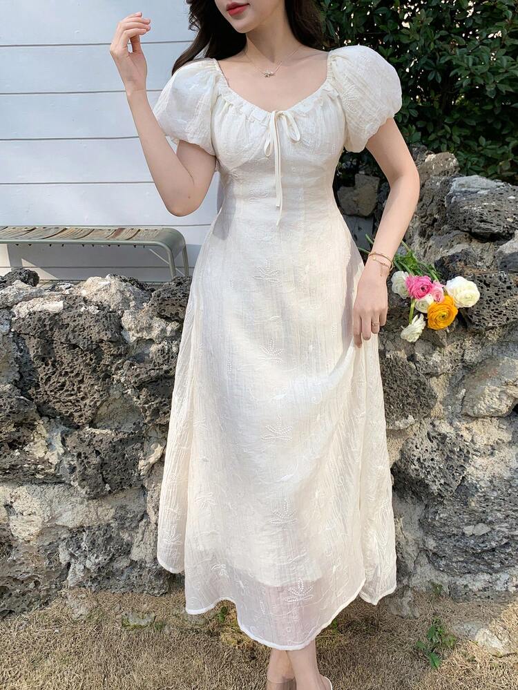 Slim Fit Drawstring Design Long Heavily Embroidered Puff Sleeve French Style Slimming Dress