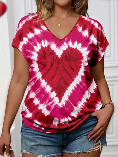 EMERY ROSE Plus Size Women V-Neck Raglan Sleeve Printed T-Shirt, Casual & Comfortable Top