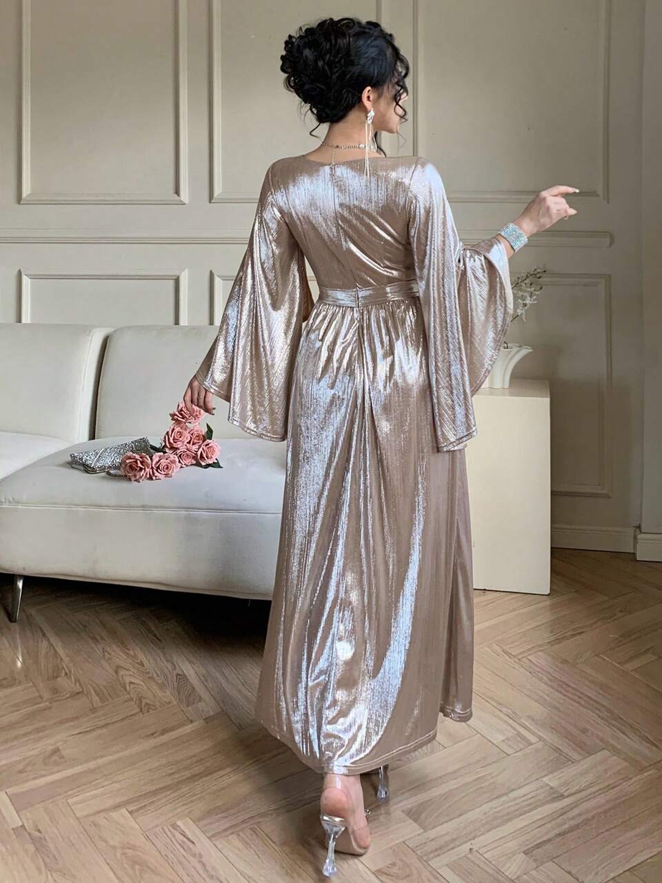 Women's Elegant Solid Color V-Neck Ruffle Sleeve Belted Long Dress, Spring/Summer Wedding Guest Dress Maxi Dress Sundress
