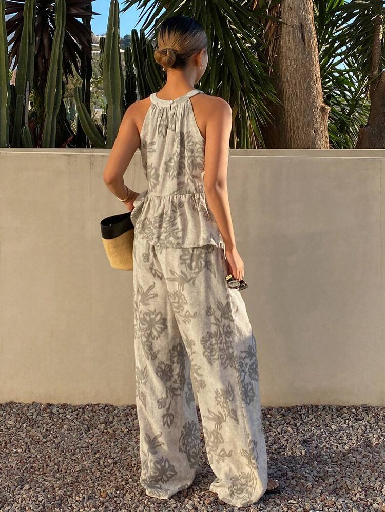 2pcs Women Casual Ruffle Hem Top And Pants Set