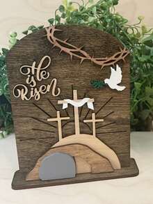 1件黑色复活节墓碑木质多层粘贴工艺摆件家居复活节装饰3D摆件 - 黑色 - 查看 2