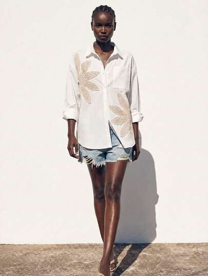 Maija 女士杏色钩针装饰休闲波西米亚风宽松衬衫，蝙蝠袖设计，柔软舒适，适合春夏、音乐节、伊比沙岛等场合。