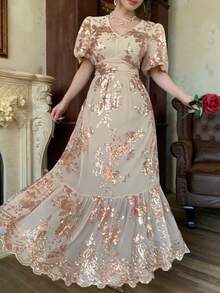 DAZY 女士优雅花卉亮片V领泡泡袖荷叶边下摆连衣裙，夏季婚礼宾客礼服/吊带裙 - 粉色 - 查看 9