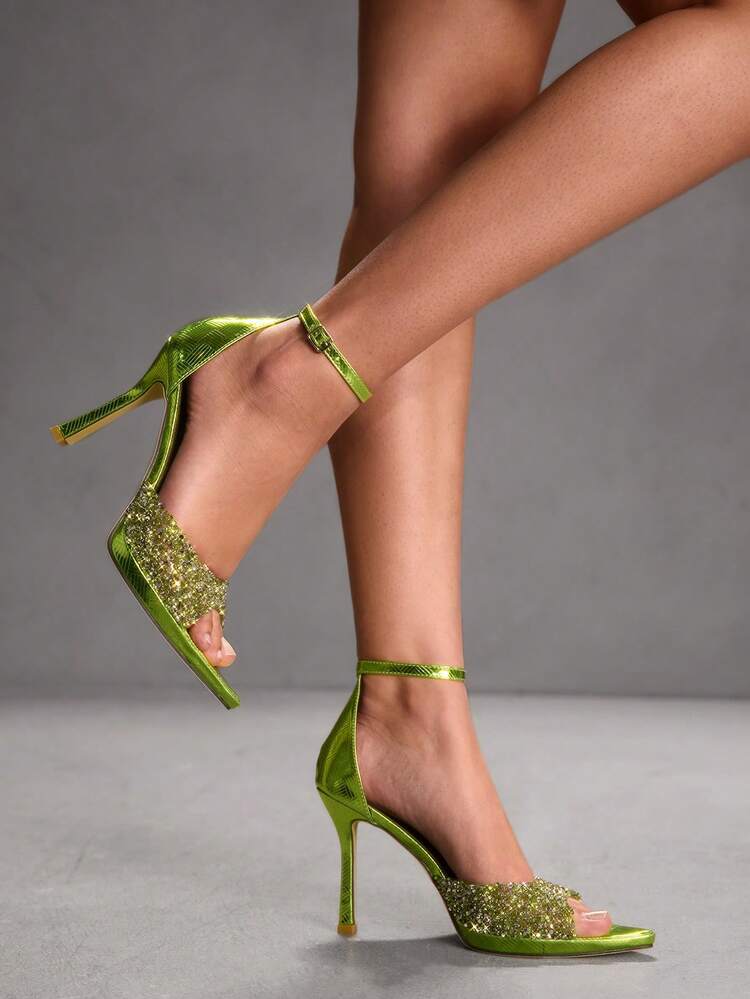 CUCCOO SZL Ladies New Low-Water Table Fluorescent Yellow Rhinestone Pointed One-Word Thin Strap Open-Toed High Heels, Christmas And New Year Banquet Party Dating Dress