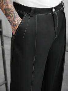 Manfinity CasualCool 男士休闲畅销新款长裤，白色线条装饰，INS风搭配，四季皆宜，日常百搭，休闲运动裤，拍照必备，送给男友/老公的必备礼物，男士休闲，Y2K风格 - 黑色 - 查看 7