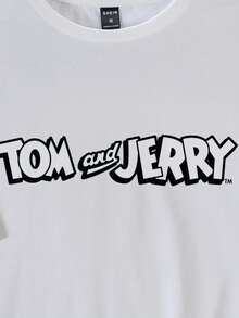 TOM & JERRY X SHEIN Men's Casual Everyday Commute Funny Cartoon Letter Graphic Short Sleeve White T-Shirt, Summer - White - View 3