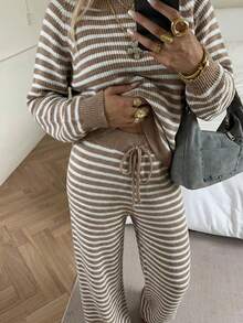 SHEIN EZwear Bộ áo dài tay in sọc và quần ống rộng buộc nút, kiểu dáng thường ngày. - Màu Khaki - Xem 5