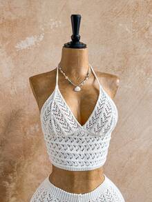 Soleia Women 2 Pieces Knit Set: White Halter Neck Camisole & Shorts - White - View 5