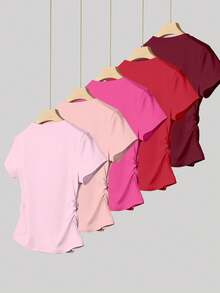 SHEIN Explorewe 少女五件套T恤套装，可爱简约甜美休闲粉色、灰粉色、酒红色、红色、褐红色纯色修身腰部T恤 - 彩色 - 查看 2