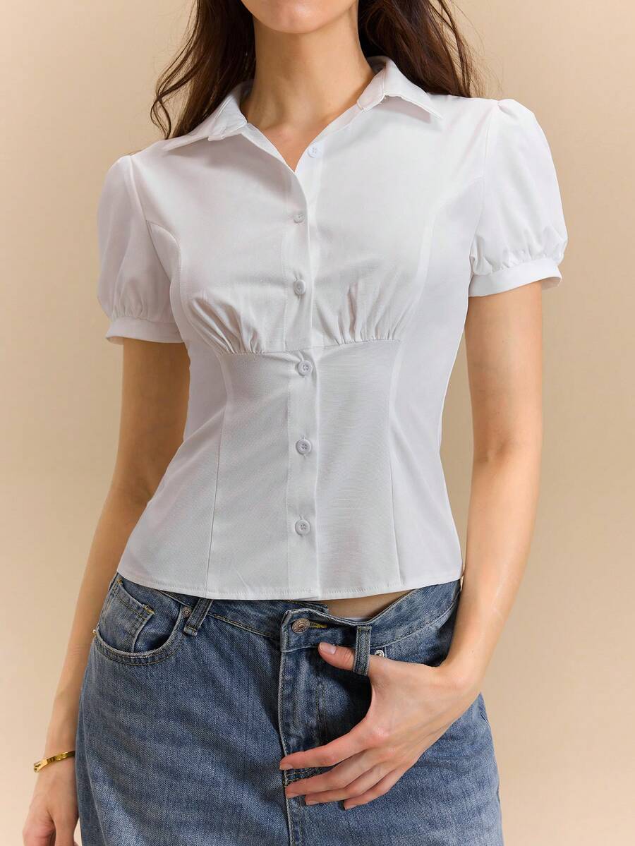 Hanevo Women's Casual Sports Back To School White Collar Puff Sleeve Fitted Blouse - White - View 1