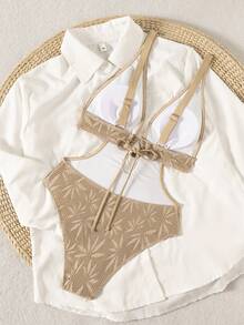 Swim Chiccia Traje de baño de una pieza de punto texturizado color caqui liso para mujer - Café integral - Ver 4