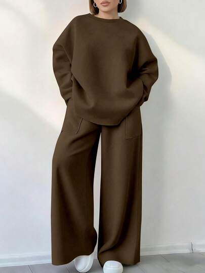 EMERY ROSE Women's Solid Color Crew Neck Long Sleeve Sweatshirt And Wide Leg Pants Casual 2 Piece Set