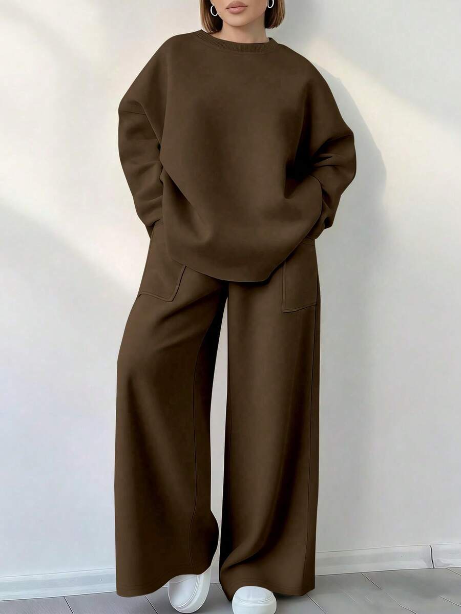 EMERY ROSE 女士纯色圆领长袖卫衣和阔腿裤休闲两件套 - 棕色 - 查看 1