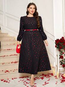 Gownix Plus Size Women's Valentine's Day Heart Print Lantern Sleeve Waist Cinched Dress,Black And Red Autumn Elegant Party New Year Eve Nye Outfits Flower - Multicolor - View 7