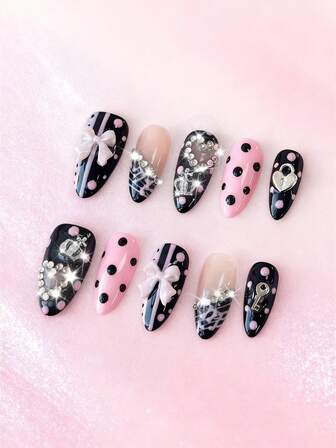 Anime 10 piezas de uñas postizas de alta calidad con diseños de moño, nota musical y estrella hechas a mano + 3 piezas de adhesivo doble cara, pegatinas de arte de uñas con cadena de cristal, estilo francés Y2K con lunares, removibles, adecuadas para vacaciones, fiestas, baile y uso diario