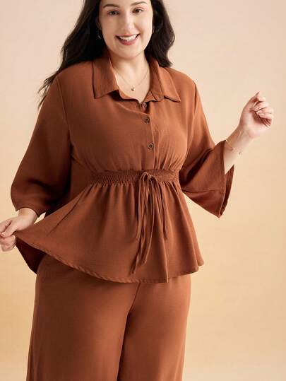 Momelise 2pcs Plus Size Women Set: Solid Color 3/4 Sleeve Button-Up Pleated Blouse And Loose Fit Straight Leg Casual Pants