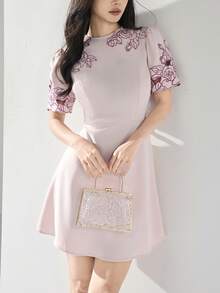 Heiryn Women's Elegant Commuter Floral Embroidery Mini Dress Pink Dress Korean Dress Elegant Dress - Pink - View 7