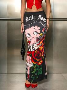 Betty Boop x SHEIN Women's Fashion Street Figure Pattern Split Hem Skirt Maxi Dress Long Dress - Black - View 6