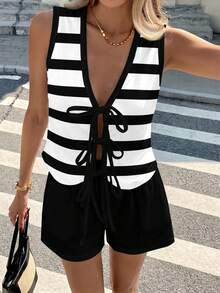 Easowa 两件套女士条纹撞色无袖开衫上衣和短裤套装，适合春夏休闲穿着。 - 彩色 - 查看 2