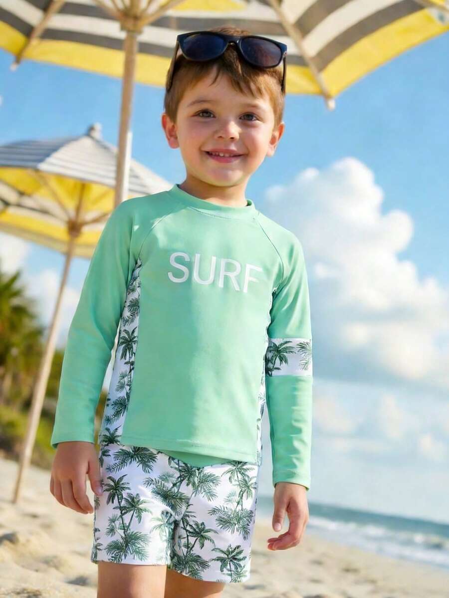 男童防晒泳衣套装 - 两件套，UPF 50+ 防晒长袖泳衣和泳裤，适合 4-8 岁男童 - 綠色 - 查看 1