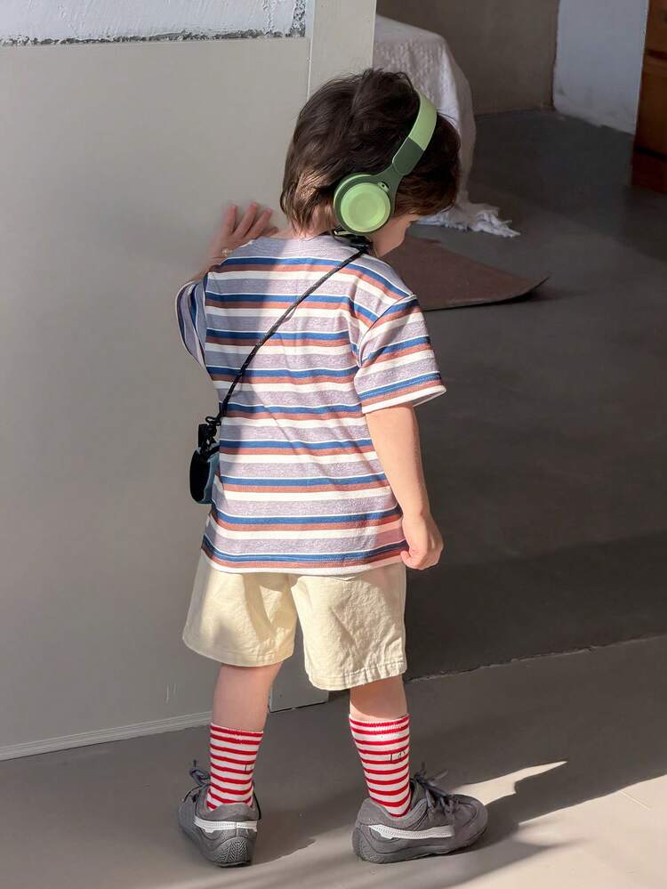 DAZY Toddler Boys' Round Neck Striped Casual Short Sleeve Top - Coffee Brown - View 9