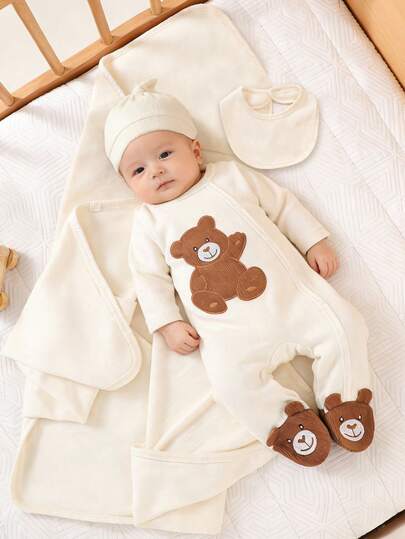 SHEIN 4-Piece Newborn Baby Boy Beige Long Sleeved Patchwork Brown Teddy Bear Embroidered Bag Foot Jumpsuit Paired With The Same Color Bag, Hat, Bib Gift Set Fabric Comfortable, Fashionable, Casual Style Autumn And Winter New Products Neutral Baby Gift Sets For Newborn Newborn Clothes Set Newborn Baby Layette Set Swaddle Newborn Boy Set Swaddle For Newborn Newborn Unisex Warm Clothes Newborn Swaddle Set Newborn Layette Set Swaddle Newborn Set Neutral Baby Gift Sets Newborn