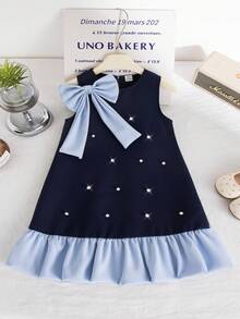 SHEIN Elladie kids 女童夏季新款珍珠蝴蝶结无袖A字裙摆荷叶边法式优雅简约公主裙，适合通勤穿着。 - 藍色 - 查看 4