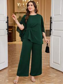 Reflora Bộ trang phục thường ngày dành cho nữ cỡ lớn, màu trơn, cổ tròn, tay bồng, dáng xòe, kết hợp với quần ống rộng. - màu xanh lá - Xem 3