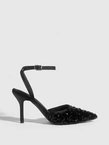 CUCCOO SZL Scarpe da donna alla moda, scarpe con tacco alto luccicanti, scarpe da donna con decorazioni in paillettes per banchetti e feste, scarpe con tacco alto in raso nero sexy per donne, scarpe con cinturino alla caviglia per abiti da sera, per appuntamenti, pomeriggi del tè, San Valentino, eleganti - nero - Visualizzare 4