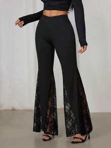 SHEIN PETITE 女士纯色弹力腰带蕾丝喇叭裤，喇叭裤，性感黑色女式裤装 - 黑色 - 查看 4